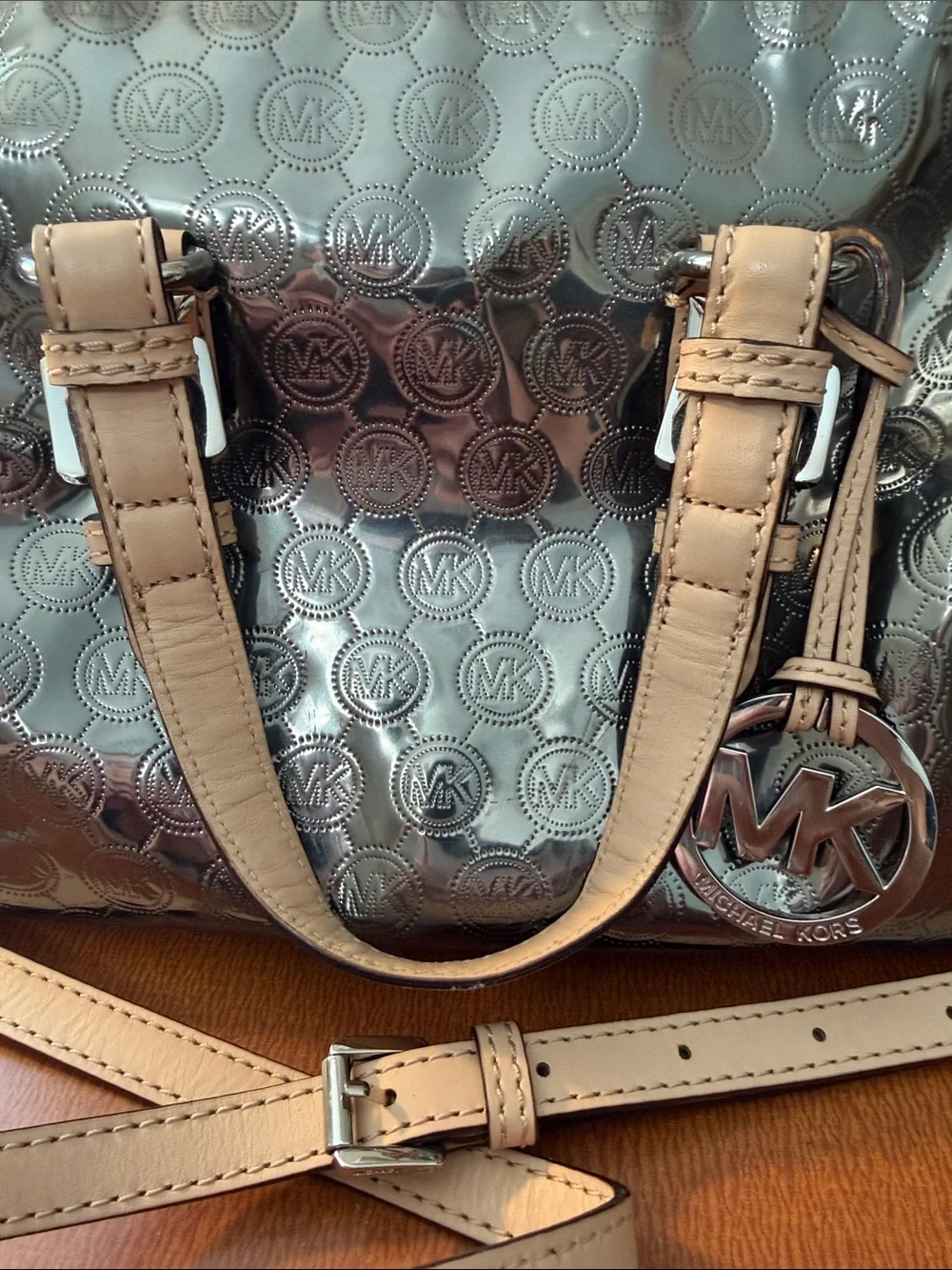 Michael Kors Metallic Silver Satchel with Cream Handles